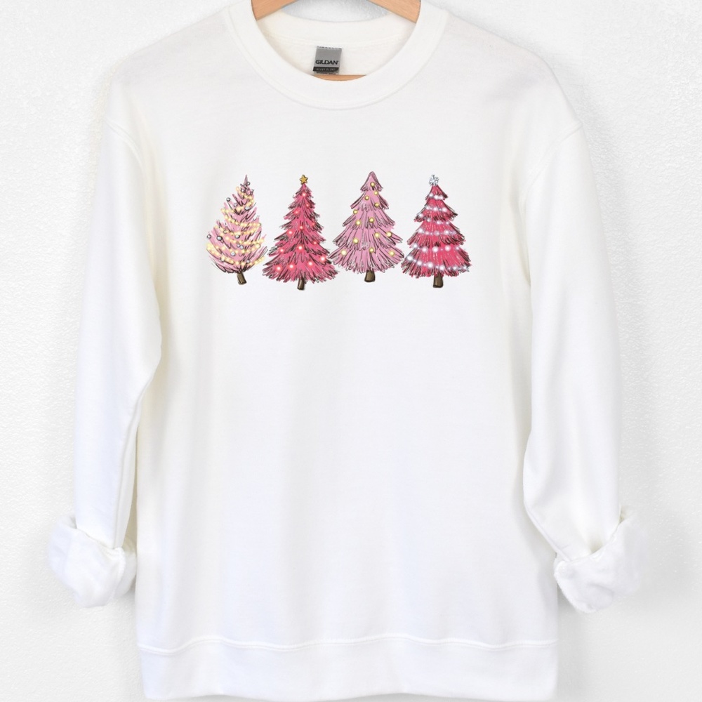 Womens Pink Christmas Tree Crewneck Sweatshirt